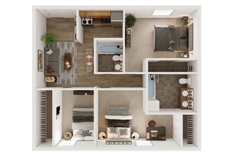 Floor plan for 3 beds, 2 baths, 1256 sqft